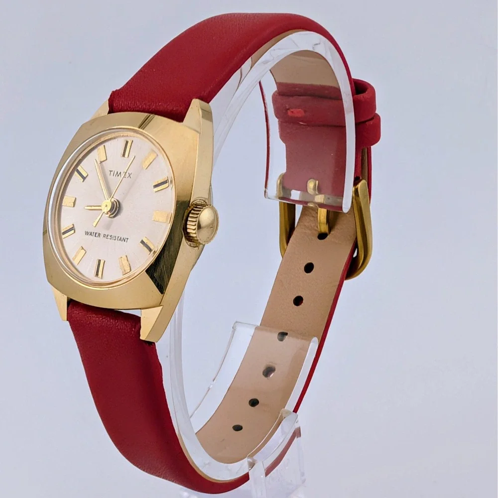 Vintage Timex Manual Wind Women's Gold Tone Cushion Case Watch Red Strap 24mm